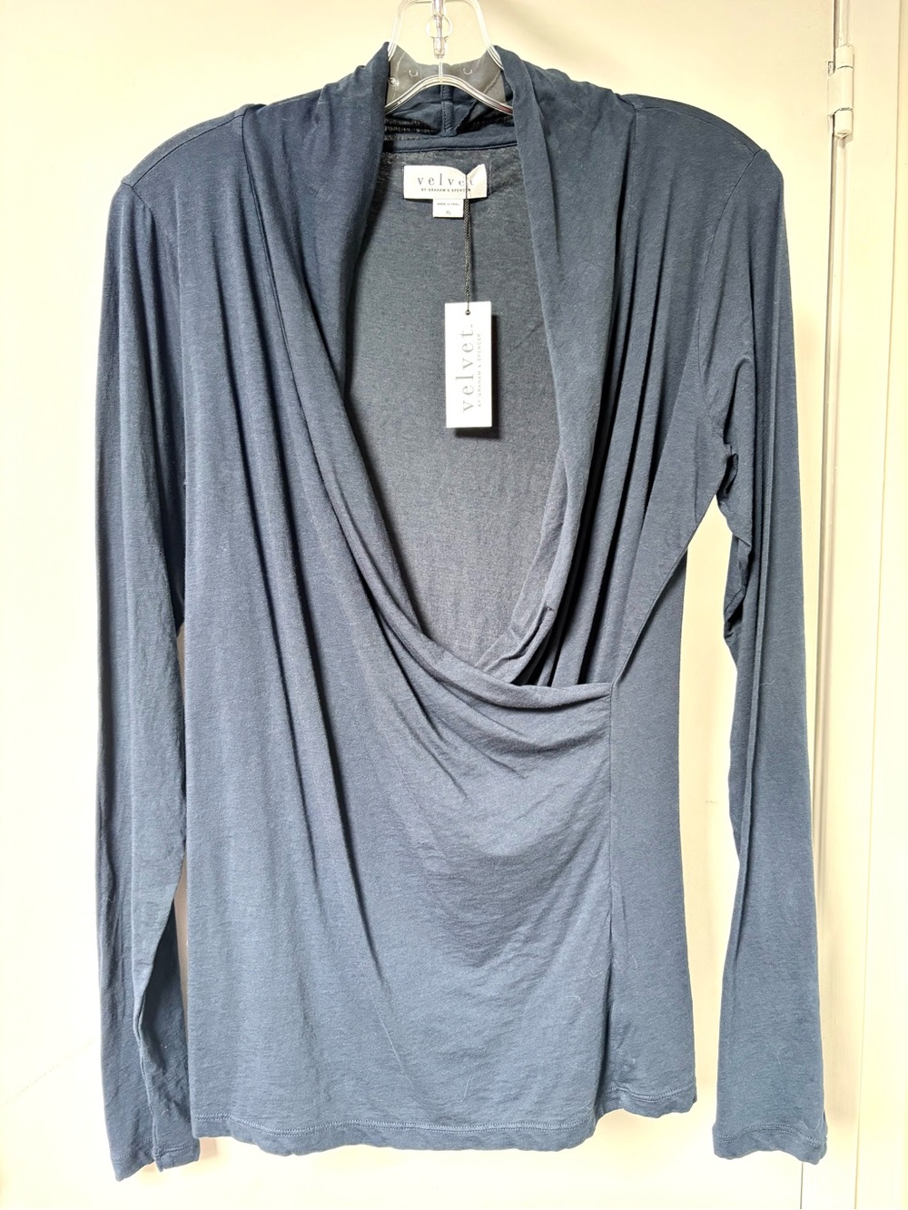 Velvet by Graham & Spencer Navy Blue Draped V-Neck Long Sleeve Top